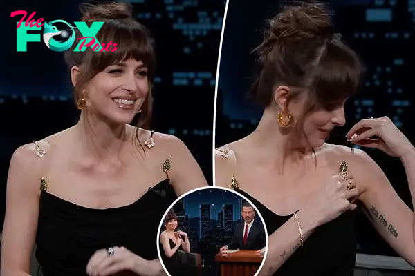 Dakota Johnson’s dress falls off during ‘Jimmy Kimmel Live’ wardrobe malfunction