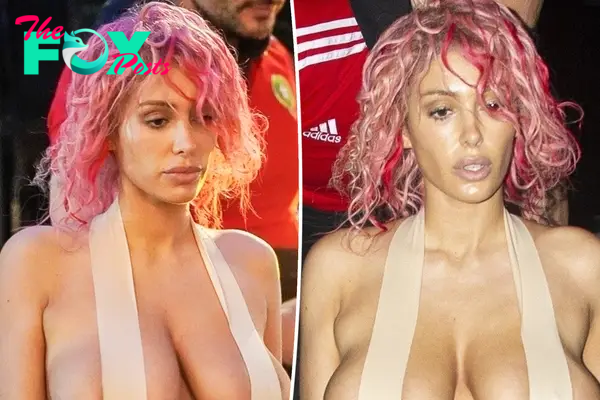 Bianca Censori covers her chest with nothing but suspenders during Paris outing