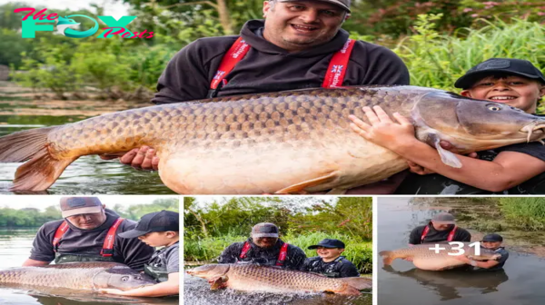 nht.An 11-year-old UK child breaks the world record by catching a 96-pound fish, nearly his own weight.