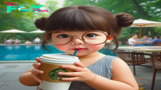 An enchanting portrait of a bespectacled little girl as she poses with a cup of coffee.