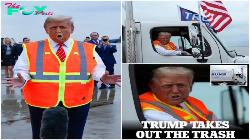 Trump trolls Harris and Biden by riding a GARBAGE TRUCK to his Wisconsin rally.cau